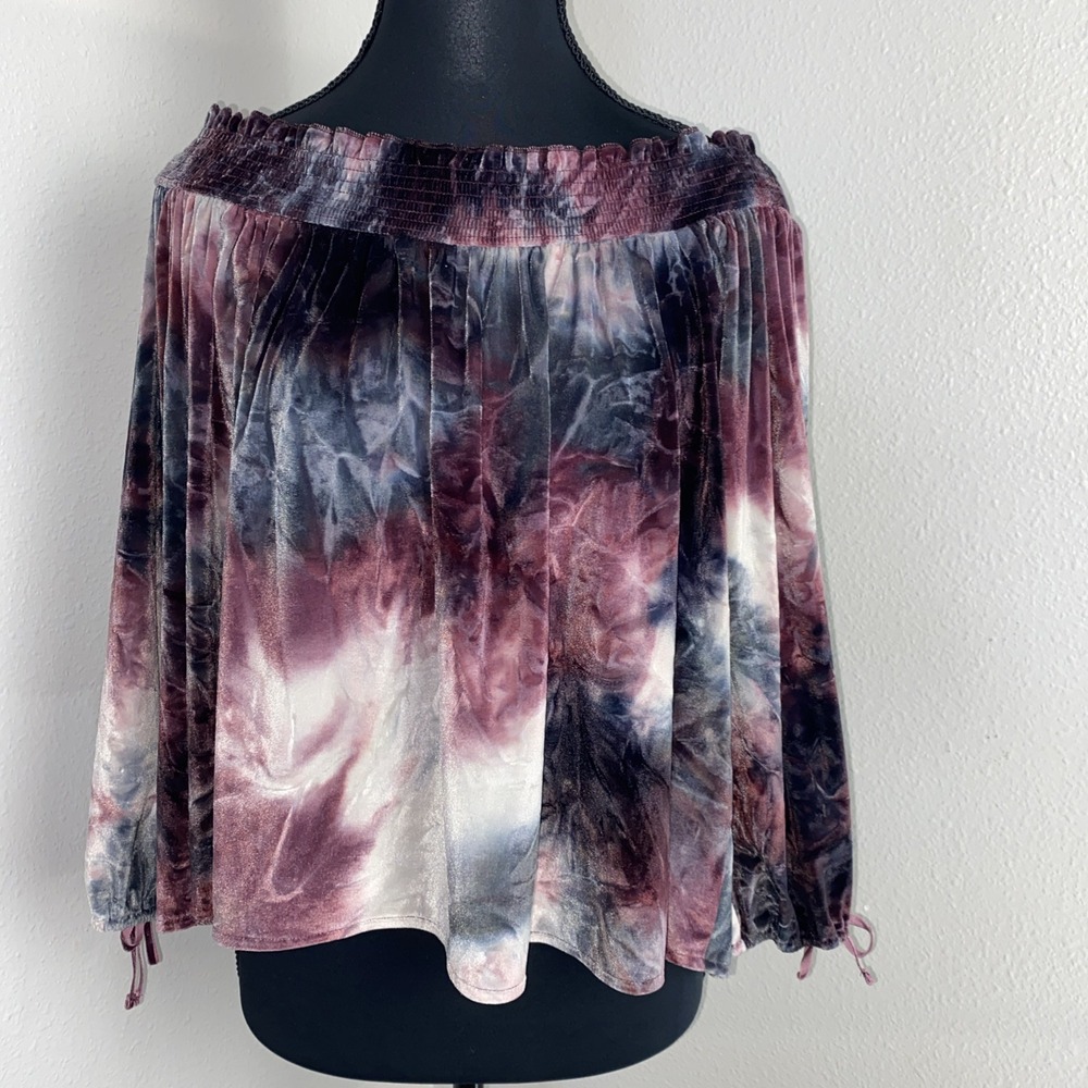 American Eagle Off the Shoulder Top Large Maroon Navy Tie Dye Velvet Smocked Y2K
